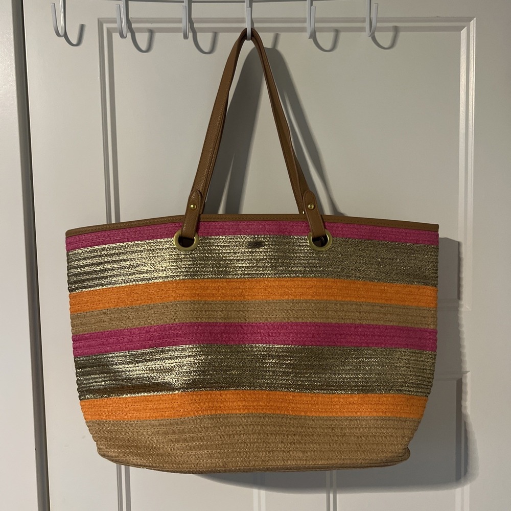 Sun N Sand Summer Tote Bag Pink Orange Striped Woven Beach Shoulder Bag Boho